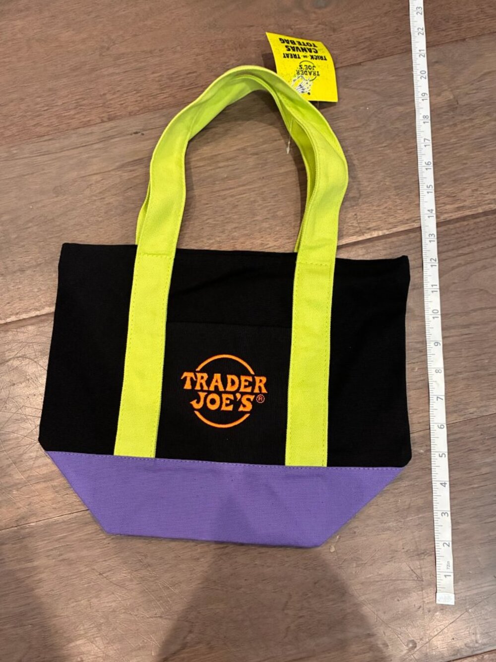 NWT Trader Joe's Trick-or-Treat Mini Canvas Tote Bag -Black/Green/Purple - Picture 2 of 3